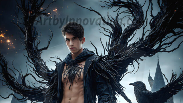 AI male art photos with a fantastical atmosphere. Imagine a Hogwarts School of Witchcraft student, from the Harry Potter series, a handsome, beautiful, and attractive, shirtless young teenage boy, standing firm against a threat. With a detailed Hogwarts castle background, casting a powerful spell, conjuring creatures based on their assigned house crest. From Demonic snakes, powerful lions, fierce badgers, or a murder of Crows. Dementors floating ominously in a cloudy sky, and sparks, shadows, and cinematic lighting, offering an otherworldly vibe.