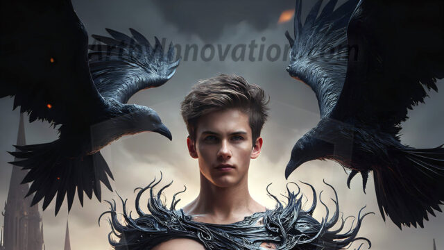 AI male art photos with a fantastical atmosphere. Imagine a Hogwarts School of Witchcraft student, from the Harry Potter series, a handsome, beautiful, and attractive, shirtless young teenage boy, standing firm against a threat. With a detailed Hogwarts castle background, casting a powerful spell, conjuring creatures based on their assigned house crest. From Demonic snakes, powerful lions, fierce badgers, or a murder of Crows. Dementors floating ominously in a cloudy sky, and sparks, shadows, and cinematic lighting, offering an otherworldly vibe.