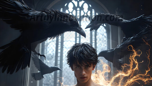 AI male art photos with a fantastical atmosphere. Imagine a Hogwarts School of Witchcraft student, from the Harry Potter series, a handsome, beautiful, and attractive, shirtless young teenage boy, standing firm against a threat. With a detailed Hogwarts castle background, casting a powerful spell, conjuring creatures based on their assigned house crest. From Demonic snakes, powerful lions, fierce badgers, or a murder of Crows. Dementors floating ominously in a cloudy sky, and sparks, shadows, and cinematic lighting, offering an otherworldly vibe.