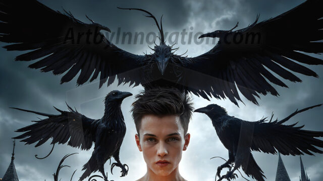 AI male art photos with a fantastical atmosphere. Imagine a Hogwarts School of Witchcraft student, from the Harry Potter series, a handsome, beautiful, and attractive, shirtless young teenage boy, standing firm against a threat. With a detailed Hogwarts castle background, casting a powerful spell, conjuring creatures based on their assigned house crest. From Demonic snakes, powerful lions, fierce badgers, or a murder of Crows. Dementors floating ominously in a cloudy sky, and sparks, shadows, and cinematic lighting, offering an otherworldly vibe.