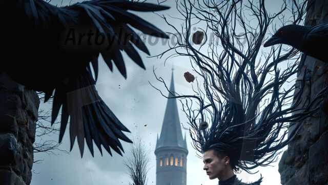 AI male art photos with a fantastical atmosphere. Imagine a Hogwarts School of Witchcraft student, from the Harry Potter series, a handsome, beautiful, and attractive, shirtless young teenage boy, standing firm against a threat. With a detailed Hogwarts castle background, casting a powerful spell, conjuring creatures based on their assigned house crest. From Demonic snakes, powerful lions, fierce badgers, or a murder of Crows. Dementors floating ominously in a cloudy sky, and sparks, shadows, and cinematic lighting, offering an otherworldly vibe.