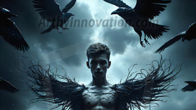 AI male art photos with a fantastical atmosphere. Imagine a Hogwarts School of Witchcraft student, from the Harry Potter series, a handsome, beautiful, and attractive, shirtless young teenage boy, standing firm against a threat. With a detailed Hogwarts castle background, casting a powerful spell, conjuring creatures based on their assigned house crest. From Demonic snakes, powerful lions, fierce badgers, or a murder of Crows. Dementors floating ominously in a cloudy sky, and sparks, shadows, and cinematic lighting, offering an otherworldly vibe.