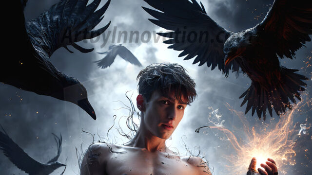 AI male art photos with a fantastical atmosphere. Imagine a Hogwarts School of Witchcraft student, from the Harry Potter series, a handsome, beautiful, and attractive, shirtless young teenage boy, standing firm against a threat. With a detailed Hogwarts castle background, casting a powerful spell, conjuring creatures based on their assigned house crest. From Demonic snakes, powerful lions, fierce badgers, or a murder of Crows. Dementors floating ominously in a cloudy sky, and sparks, shadows, and cinematic lighting, offering an otherworldly vibe.