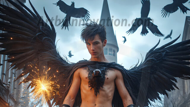 AI male art photos with a fantastical atmosphere. Imagine a Hogwarts School of Witchcraft student, from the Harry Potter series, a handsome, beautiful, and attractive, shirtless young teenage boy, standing firm against a threat. With a detailed Hogwarts castle background, casting a powerful spell, conjuring creatures based on their assigned house crest. From Demonic snakes, powerful lions, fierce badgers, or a murder of Crows. Dementors floating ominously in a cloudy sky, and sparks, shadows, and cinematic lighting, offering an otherworldly vibe.