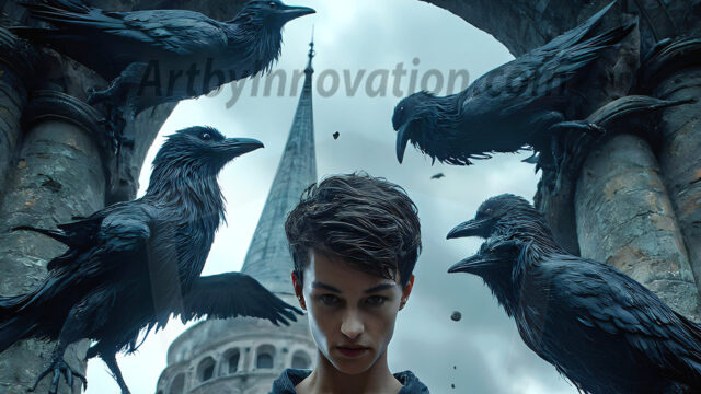 AI male art photos with a fantastical atmosphere. Imagine a Hogwarts School of Witchcraft student, from the Harry Potter series, a handsome, beautiful, and attractive, shirtless young teenage boy, standing firm against a threat. With a detailed Hogwarts castle background, casting a powerful spell, conjuring creatures based on their assigned house crest. From Demonic snakes, powerful lions, fierce badgers, or a murder of Crows. Dementors floating ominously in a cloudy sky, and sparks, shadows, and cinematic lighting, offering an otherworldly vibe.