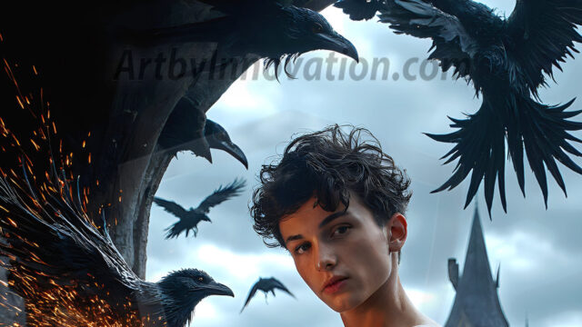 AI male art photos with a fantastical atmosphere. Imagine a Hogwarts School of Witchcraft student, from the Harry Potter series, a handsome, beautiful, and attractive, shirtless young teenage boy, standing firm against a threat. With a detailed Hogwarts castle background, casting a powerful spell, conjuring creatures based on their assigned house crest. From Demonic snakes, powerful lions, fierce badgers, or a murder of Crows. Dementors floating ominously in a cloudy sky, and sparks, shadows, and cinematic lighting, offering an otherworldly vibe.