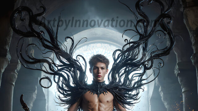 AI male art photos with a fantastical atmosphere. Imagine a Hogwarts School of Witchcraft student, from the Harry Potter series, a handsome, beautiful, and attractive, shirtless young teenage boy, standing firm against a threat. With a detailed Hogwarts castle background, casting a powerful spell, conjuring creatures based on their assigned house crest. From Demonic snakes, powerful lions, fierce badgers, or a murder of Crows. Dementors floating ominously in a cloudy sky, and sparks, shadows, and cinematic lighting, offering an otherworldly vibe.