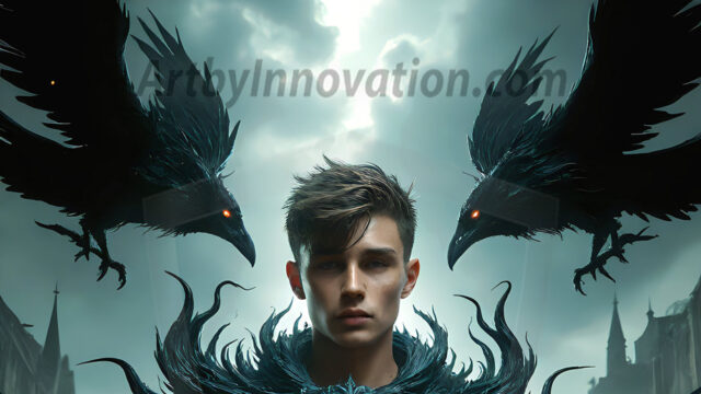 AI male art photos with a fantastical atmosphere. Imagine a Hogwarts School of Witchcraft student, from the Harry Potter series, a handsome, beautiful, and attractive, shirtless young teenage boy, standing firm against a threat. With a detailed Hogwarts castle background, casting a powerful spell, conjuring creatures based on their assigned house crest. From Demonic snakes, powerful lions, fierce badgers, or a murder of Crows. Dementors floating ominously in a cloudy sky, and sparks, shadows, and cinematic lighting, offering an otherworldly vibe.