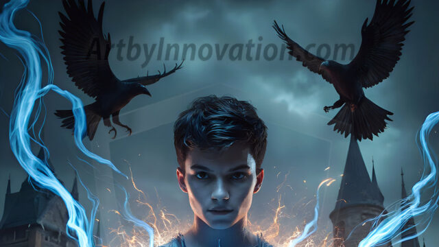 AI male art photos with a fantastical atmosphere. Imagine a Hogwarts School of Witchcraft student, from the Harry Potter series, a handsome, beautiful, and attractive, shirtless young teenage boy, standing firm against a threat. With a detailed Hogwarts castle background, casting a powerful spell, conjuring creatures based on their assigned house crest. From Demonic snakes, powerful lions, fierce badgers, or a murder of Crows. Dementors floating ominously in a cloudy sky, and sparks, shadows, and cinematic lighting, offering an otherworldly vibe.