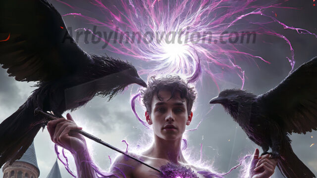 AI male art photos with a fantastical atmosphere. Imagine a Hogwarts School of Witchcraft student, from the Harry Potter series, a handsome, beautiful, and attractive, shirtless young teenage boy, standing firm against a threat. With a detailed Hogwarts castle background, casting a powerful spell, conjuring creatures based on their assigned house crest. From Demonic snakes, powerful lions, fierce badgers, or a murder of Crows. Dementors floating ominously in a cloudy sky, and sparks, shadows, and cinematic lighting, offering an otherworldly vibe.