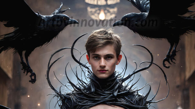 AI male art photos with a fantastical atmosphere. Imagine a Hogwarts School of Witchcraft student, from the Harry Potter series, a handsome, beautiful, and attractive, shirtless young teenage boy, standing firm against a threat. With a detailed Hogwarts castle background, casting a powerful spell, conjuring creatures based on their assigned house crest. From Demonic snakes, powerful lions, fierce badgers, or a murder of Crows. Dementors floating ominously in a cloudy sky, and sparks, shadows, and cinematic lighting, offering an otherworldly vibe.