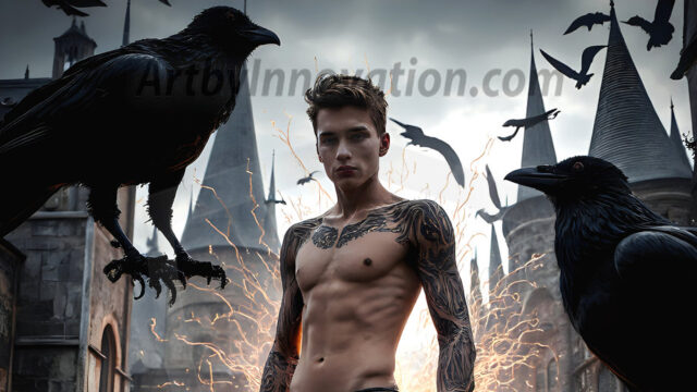 AI male art photos with a fantastical atmosphere. Imagine a Hogwarts School of Witchcraft student, from the Harry Potter series, a handsome, beautiful, and attractive, shirtless young teenage boy, standing firm against a threat. With a detailed Hogwarts castle background, casting a powerful spell, conjuring creatures based on their assigned house crest. From Demonic snakes, powerful lions, fierce badgers, or a murder of Crows. Dementors floating ominously in a cloudy sky, and sparks, shadows, and cinematic lighting, offering an otherworldly vibe.