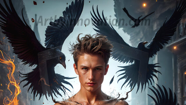AI male art photos with a fantastical atmosphere. Imagine a Hogwarts School of Witchcraft student, from the Harry Potter series, a handsome, beautiful, and attractive, shirtless young teenage boy, standing firm against a threat. With a detailed Hogwarts castle background, casting a powerful spell, conjuring creatures based on their assigned house crest. From Demonic snakes, powerful lions, fierce badgers, or a murder of Crows. Dementors floating ominously in a cloudy sky, and sparks, shadows, and cinematic lighting, offering an otherworldly vibe.
