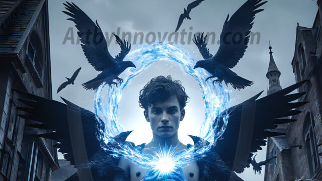 AI male art photos with a fantastical atmosphere. Imagine a Hogwarts School of Witchcraft student, from the Harry Potter series, a handsome, beautiful, and attractive, shirtless young teenage boy, standing firm against a threat. With a detailed Hogwarts castle background, casting a powerful spell, conjuring creatures based on their assigned house crest. From Demonic snakes, powerful lions, fierce badgers, or a murder of Crows. Dementors floating ominously in a cloudy sky, and sparks, shadows, and cinematic lighting, offering an otherworldly vibe.