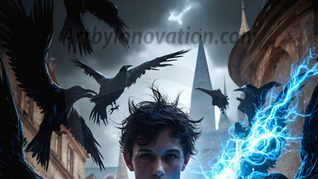 AI male art photos with a fantastical atmosphere. Imagine a Hogwarts School of Witchcraft student, from the Harry Potter series, a handsome, beautiful, and attractive, shirtless young teenage boy, standing firm against a threat. With a detailed Hogwarts castle background, casting a powerful spell, conjuring creatures based on their assigned house crest. From Demonic snakes, powerful lions, fierce badgers, or a murder of Crows. Dementors floating ominously in a cloudy sky, and sparks, shadows, and cinematic lighting, offering an otherworldly vibe.