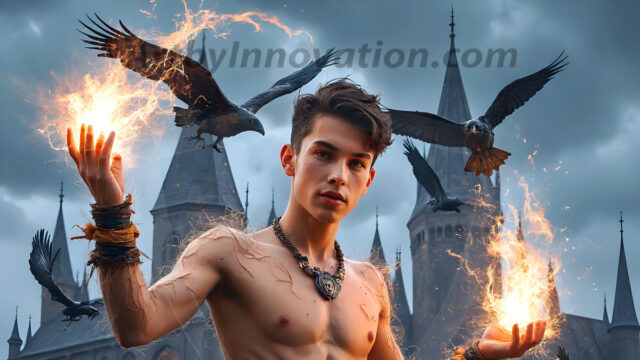 AI male art photos with a fantastical atmosphere. Imagine a Hogwarts School of Witchcraft student, from the Harry Potter series, a handsome, beautiful, and attractive, shirtless young teenage boy, standing firm against a threat. With a detailed Hogwarts castle background, casting a powerful spell, conjuring creatures based on their assigned house crest. From Demonic snakes, powerful lions, fierce badgers, or a murder of Crows. Dementors floating ominously in a cloudy sky, and sparks, shadows, and cinematic lighting, offering an otherworldly vibe.