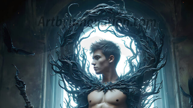AI male art photos with a fantastical atmosphere. Imagine a Hogwarts School of Witchcraft student, from the Harry Potter series, a handsome, beautiful, and attractive, shirtless young teenage boy, standing firm against a threat. With a detailed Hogwarts castle background, casting a powerful spell, conjuring creatures based on their assigned house crest. From Demonic snakes, powerful lions, fierce badgers, or a murder of Crows. Dementors floating ominously in a cloudy sky, and sparks, shadows, and cinematic lighting, offering an otherworldly vibe.