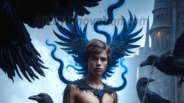 AI male art photos with a fantastical atmosphere. Imagine a Hogwarts School of Witchcraft student, from the Harry Potter series, a handsome, beautiful, and attractive, shirtless young teenage boy, standing firm against a threat. With a detailed Hogwarts castle background, casting a powerful spell, conjuring creatures based on their assigned house crest. From Demonic snakes, powerful lions, fierce badgers, or a murder of Crows. Dementors floating ominously in a cloudy sky, and sparks, shadows, and cinematic lighting, offering an otherworldly vibe.