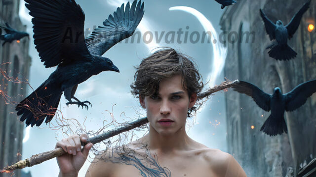 AI male art photos with a fantastical atmosphere. Imagine a Hogwarts School of Witchcraft student, from the Harry Potter series, a handsome, beautiful, and attractive, shirtless young teenage boy, standing firm against a threat. With a detailed Hogwarts castle background, casting a powerful spell, conjuring creatures based on their assigned house crest. From Demonic snakes, powerful lions, fierce badgers, or a murder of Crows. Dementors floating ominously in a cloudy sky, and sparks, shadows, and cinematic lighting, offering an otherworldly vibe.