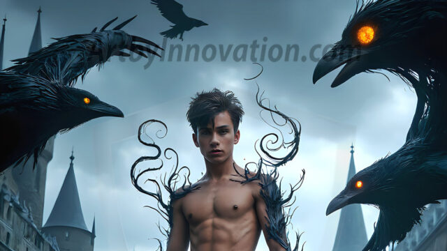 AI male art photos with a fantastical atmosphere. Imagine a Hogwarts School of Witchcraft student, from the Harry Potter series, a handsome, beautiful, and attractive, shirtless young teenage boy, standing firm against a threat. With a detailed Hogwarts castle background, casting a powerful spell, conjuring creatures based on their assigned house crest. From Demonic snakes, powerful lions, fierce badgers, or a murder of Crows. Dementors floating ominously in a cloudy sky, and sparks, shadows, and cinematic lighting, offering an otherworldly vibe.