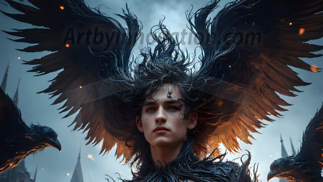 AI male art photos with a fantastical atmosphere. Imagine a Hogwarts School of Witchcraft student, from the Harry Potter series, a handsome, beautiful, and attractive, shirtless young teenage boy, standing firm against a threat. With a detailed Hogwarts castle background, casting a powerful spell, conjuring creatures based on their assigned house crest. From Demonic snakes, powerful lions, fierce badgers, or a murder of Crows. Dementors floating ominously in a cloudy sky, and sparks, shadows, and cinematic lighting, offering an otherworldly vibe.