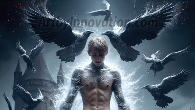 AI male art photos with a fantastical atmosphere. Imagine a Hogwarts School of Witchcraft student, from the Harry Potter series, a handsome, beautiful, and attractive, shirtless young teenage boy, standing firm against a threat. With a detailed Hogwarts castle background, casting a powerful spell, conjuring creatures based on their assigned house crest. From Demonic snakes, powerful lions, fierce badgers, or a murder of Crows. Dementors floating ominously in a cloudy sky, and sparks, shadows, and cinematic lighting, offering an otherworldly vibe.