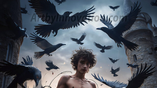 AI male art photos with a fantastical atmosphere. Imagine a Hogwarts School of Witchcraft student, from the Harry Potter series, a handsome, beautiful, and attractive, shirtless young teenage boy, standing firm against a threat. With a detailed Hogwarts castle background, casting a powerful spell, conjuring creatures based on their assigned house crest. From Demonic snakes, powerful lions, fierce badgers, or a murder of Crows. Dementors floating ominously in a cloudy sky, and sparks, shadows, and cinematic lighting, offering an otherworldly vibe.