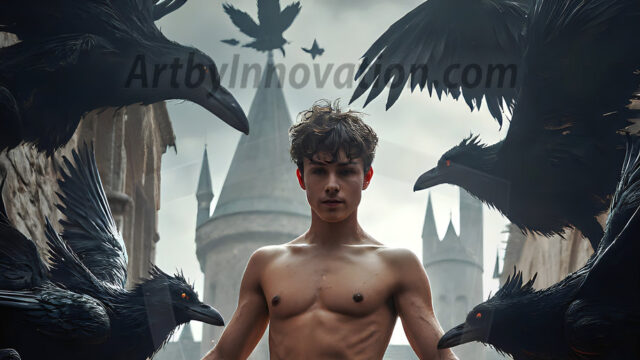 AI male art photos with a fantastical atmosphere. Imagine a Hogwarts School of Witchcraft student, from the Harry Potter series, a handsome, beautiful, and attractive, shirtless young teenage boy, standing firm against a threat. With a detailed Hogwarts castle background, casting a powerful spell, conjuring creatures based on their assigned house crest. From Demonic snakes, powerful lions, fierce badgers, or a murder of Crows. Dementors floating ominously in a cloudy sky, and sparks, shadows, and cinematic lighting, offering an otherworldly vibe.