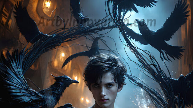 AI male art photos with a fantastical atmosphere. Imagine a Hogwarts School of Witchcraft student, from the Harry Potter series, a handsome, beautiful, and attractive, shirtless young teenage boy, standing firm against a threat. With a detailed Hogwarts castle background, casting a powerful spell, conjuring creatures based on their assigned house crest. From Demonic snakes, powerful lions, fierce badgers, or a murder of Crows. Dementors floating ominously in a cloudy sky, and sparks, shadows, and cinematic lighting, offering an otherworldly vibe.