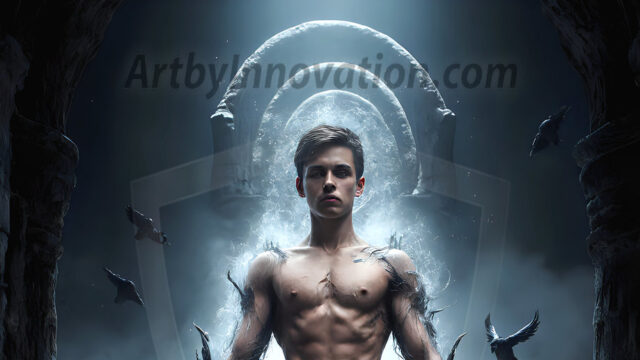 AI male art photos with a fantastical atmosphere. Imagine a Hogwarts School of Witchcraft student, from the Harry Potter series, a handsome, beautiful, and attractive, shirtless young teenage boy, standing firm against a threat. With a detailed Hogwarts castle background, casting a powerful spell, conjuring creatures based on their assigned house crest. From Demonic snakes, powerful lions, fierce badgers, or a murder of Crows. Dementors floating ominously in a cloudy sky, and sparks, shadows, and cinematic lighting, offering an otherworldly vibe.