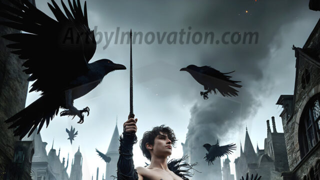 AI male art photos with a fantastical atmosphere. Imagine a Hogwarts School of Witchcraft student, from the Harry Potter series, a handsome, beautiful, and attractive, shirtless young teenage boy, standing firm against a threat. With a detailed Hogwarts castle background, casting a powerful spell, conjuring creatures based on their assigned house crest. From Demonic snakes, powerful lions, fierce badgers, or a murder of Crows. Dementors floating ominously in a cloudy sky, and sparks, shadows, and cinematic lighting, offering an otherworldly vibe.