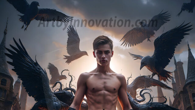 AI male art photos with a fantastical atmosphere. Imagine a Hogwarts School of Witchcraft student, from the Harry Potter series, a handsome, beautiful, and attractive, shirtless young teenage boy, standing firm against a threat. With a detailed Hogwarts castle background, casting a powerful spell, conjuring creatures based on their assigned house crest. From Demonic snakes, powerful lions, fierce badgers, or a murder of Crows. Dementors floating ominously in a cloudy sky, and sparks, shadows, and cinematic lighting, offering an otherworldly vibe.