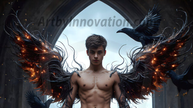 AI male art photos with a fantastical atmosphere. Imagine a Hogwarts School of Witchcraft student, from the Harry Potter series, a handsome, beautiful, and attractive, shirtless young teenage boy, standing firm against a threat. With a detailed Hogwarts castle background, casting a powerful spell, conjuring creatures based on their assigned house crest. From Demonic snakes, powerful lions, fierce badgers, or a murder of Crows. Dementors floating ominously in a cloudy sky, and sparks, shadows, and cinematic lighting, offering an otherworldly vibe.