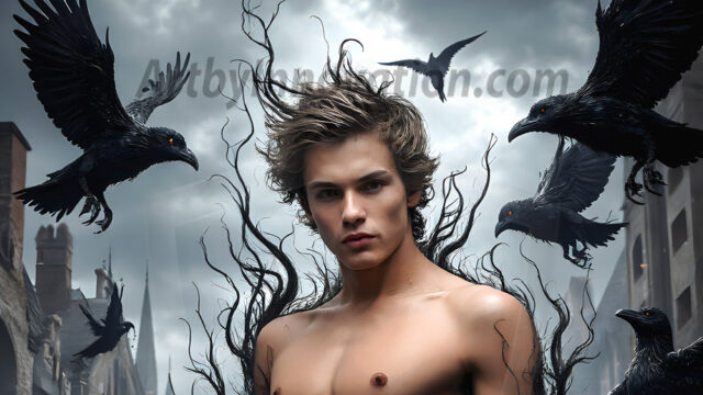 AI male art photos with a fantastical atmosphere. Imagine a Hogwarts School of Witchcraft student, from the Harry Potter series, a handsome, beautiful, and attractive, shirtless young teenage boy, standing firm against a threat. With a detailed Hogwarts castle background, casting a powerful spell, conjuring creatures based on their assigned house crest. From Demonic snakes, powerful lions, fierce badgers, or a murder of Crows. Dementors floating ominously in a cloudy sky, and sparks, shadows, and cinematic lighting, offering an otherworldly vibe.