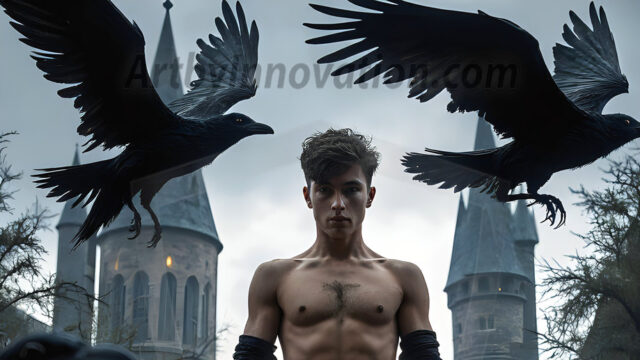 AI male art photos with a fantastical atmosphere. Imagine a Hogwarts School of Witchcraft student, from the Harry Potter series, a handsome, beautiful, and attractive, shirtless young teenage boy, standing firm against a threat. With a detailed Hogwarts castle background, casting a powerful spell, conjuring creatures based on their assigned house crest. From Demonic snakes, powerful lions, fierce badgers, or a murder of Crows. Dementors floating ominously in a cloudy sky, and sparks, shadows, and cinematic lighting, offering an otherworldly vibe.