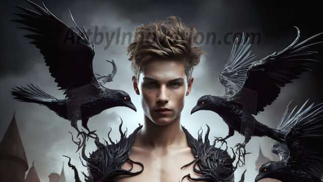 AI male art photos with a fantastical atmosphere. Imagine a Hogwarts School of Witchcraft student, from the Harry Potter series, a handsome, beautiful, and attractive, shirtless young teenage boy, standing firm against a threat. With a detailed Hogwarts castle background, casting a powerful spell, conjuring creatures based on their assigned house crest. From Demonic snakes, powerful lions, fierce badgers, or a murder of Crows. Dementors floating ominously in a cloudy sky, and sparks, shadows, and cinematic lighting, offering an otherworldly vibe.