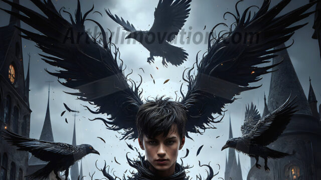 AI male art photos with a fantastical atmosphere. Imagine a Hogwarts School of Witchcraft student, from the Harry Potter series, a handsome, beautiful, and attractive, shirtless young teenage boy, standing firm against a threat. With a detailed Hogwarts castle background, casting a powerful spell, conjuring creatures based on their assigned house crest. From Demonic snakes, powerful lions, fierce badgers, or a murder of Crows. Dementors floating ominously in a cloudy sky, and sparks, shadows, and cinematic lighting, offering an otherworldly vibe.