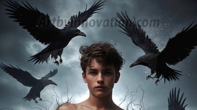 AI male art photos with a fantastical atmosphere. Imagine a Hogwarts School of Witchcraft student, from the Harry Potter series, a handsome, beautiful, and attractive, shirtless young teenage boy, standing firm against a threat. With a detailed Hogwarts castle background, casting a powerful spell, conjuring creatures based on their assigned house crest. From Demonic snakes, powerful lions, fierce badgers, or a murder of Crows. Dementors floating ominously in a cloudy sky, and sparks, shadows, and cinematic lighting, offering an otherworldly vibe.