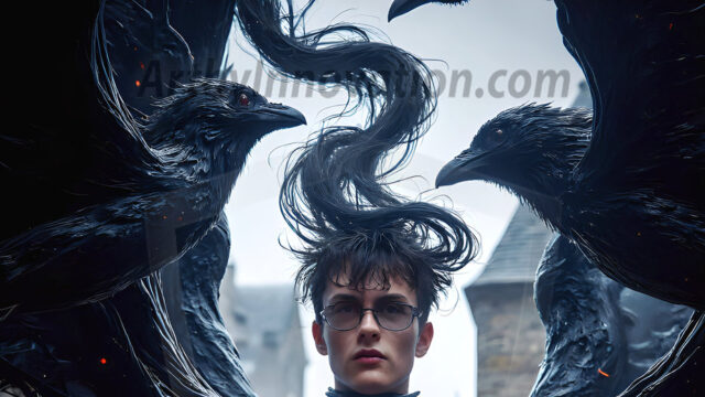 AI male art photos with a fantastical atmosphere. Imagine a Hogwarts School of Witchcraft student, from the Harry Potter series, a handsome, beautiful, and attractive, shirtless young teenage boy, standing firm against a threat. With a detailed Hogwarts castle background, casting a powerful spell, conjuring creatures based on their assigned house crest. From Demonic snakes, powerful lions, fierce badgers, or a murder of Crows. Dementors floating ominously in a cloudy sky, and sparks, shadows, and cinematic lighting, offering an otherworldly vibe.