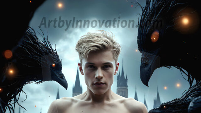 AI male art photos with a fantastical atmosphere. Imagine a Hogwarts School of Witchcraft student, from the Harry Potter series, a handsome, beautiful, and attractive, shirtless young teenage boy, standing firm against a threat. With a detailed Hogwarts castle background, casting a powerful spell, conjuring creatures based on their assigned house crest. From Demonic snakes, powerful lions, fierce badgers, or a murder of Crows. Dementors floating ominously in a cloudy sky, and sparks, shadows, and cinematic lighting, offering an otherworldly vibe.