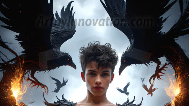 AI male art photos with a fantastical atmosphere. Imagine a Hogwarts School of Witchcraft student, from the Harry Potter series, a handsome, beautiful, and attractive, shirtless young teenage boy, standing firm against a threat. With a detailed Hogwarts castle background, casting a powerful spell, conjuring creatures based on their assigned house crest. From Demonic snakes, powerful lions, fierce badgers, or a murder of Crows. Dementors floating ominously in a cloudy sky, and sparks, shadows, and cinematic lighting, offering an otherworldly vibe.