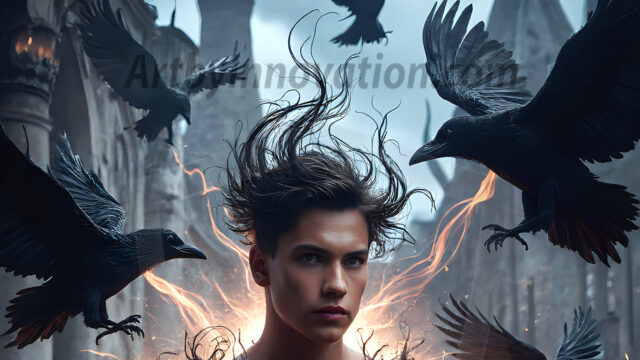 AI male art photos with a fantastical atmosphere. Imagine a Hogwarts School of Witchcraft student, from the Harry Potter series, a handsome, beautiful, and attractive, shirtless young teenage boy, standing firm against a threat. With a detailed Hogwarts castle background, casting a powerful spell, conjuring creatures based on their assigned house crest. From Demonic snakes, powerful lions, fierce badgers, or a murder of Crows. Dementors floating ominously in a cloudy sky, and sparks, shadows, and cinematic lighting, offering an otherworldly vibe.