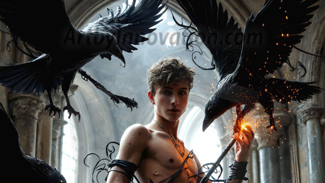 AI male art photos with a fantastical atmosphere. Imagine a Hogwarts School of Witchcraft student, from the Harry Potter series, a handsome, beautiful, and attractive, shirtless young teenage boy, standing firm against a threat. With a detailed Hogwarts castle background, casting a powerful spell, conjuring creatures based on their assigned house crest. From Demonic snakes, powerful lions, fierce badgers, or a murder of Crows. Dementors floating ominously in a cloudy sky, and sparks, shadows, and cinematic lighting, offering an otherworldly vibe.