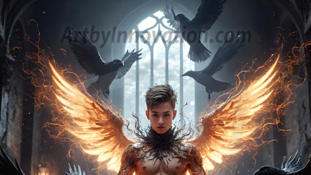 AI male art photos with a fantastical atmosphere. Imagine a Hogwarts School of Witchcraft student, from the Harry Potter series, a handsome, beautiful, and attractive, shirtless young teenage boy, standing firm against a threat. With a detailed Hogwarts castle background, casting a powerful spell, conjuring creatures based on their assigned house crest. From Demonic snakes, powerful lions, fierce badgers, or a murder of Crows. Dementors floating ominously in a cloudy sky, and sparks, shadows, and cinematic lighting, offering an otherworldly vibe.