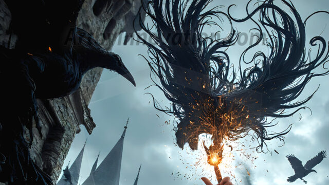 AI male art photos with a fantastical atmosphere. Imagine a Hogwarts School of Witchcraft student, from the Harry Potter series, a handsome, beautiful, and attractive, shirtless young teenage boy, standing firm against a threat. With a detailed Hogwarts castle background, casting a powerful spell, conjuring creatures based on their assigned house crest. From Demonic snakes, powerful lions, fierce badgers, or a murder of Crows. Dementors floating ominously in a cloudy sky, and sparks, shadows, and cinematic lighting, offering an otherworldly vibe.