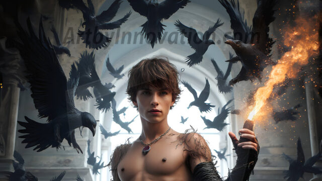 AI male art photos with a fantastical atmosphere. Imagine a Hogwarts School of Witchcraft student, from the Harry Potter series, a handsome, beautiful, and attractive, shirtless young teenage boy, standing firm against a threat. With a detailed Hogwarts castle background, casting a powerful spell, conjuring creatures based on their assigned house crest. From Demonic snakes, powerful lions, fierce badgers, or a murder of Crows. Dementors floating ominously in a cloudy sky, and sparks, shadows, and cinematic lighting, offering an otherworldly vibe.