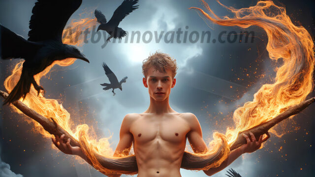 AI male art photos with a fantastical atmosphere. Imagine a Hogwarts School of Witchcraft student, from the Harry Potter series, a handsome, beautiful, and attractive, shirtless young teenage boy, standing firm against a threat. With a detailed Hogwarts castle background, casting a powerful spell, conjuring creatures based on their assigned house crest. From Demonic snakes, powerful lions, fierce badgers, or a murder of Crows. Dementors floating ominously in a cloudy sky, and sparks, shadows, and cinematic lighting, offering an otherworldly vibe.