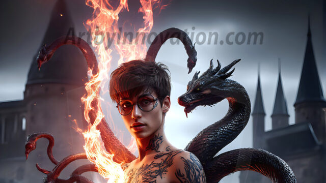 AI male art photos with a fantastical atmosphere. Imagine a Hogwarts School of Witchcraft student, from the Harry Potter series, a handsome, beautiful, and attractive, shirtless young teenage boy, standing firm against a threat. With a detailed Hogwarts castle background, casting a powerful spell, conjuring creatures based on their assigned house crest. From Demonic snakes, powerful lions, fierce badgers, or a murder of Crows. Dementors floating ominously in a cloudy sky, and sparks, shadows, and cinematic lighting, offering an otherworldly vibe.