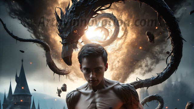 AI male art photos with a fantastical atmosphere. Imagine a Hogwarts School of Witchcraft student, from the Harry Potter series, a handsome, beautiful, and attractive, shirtless young teenage boy, standing firm against a threat. With a detailed Hogwarts castle background, casting a powerful spell, conjuring creatures based on their assigned house crest. From Demonic snakes, powerful lions, fierce badgers, or a murder of Crows. Dementors floating ominously in a cloudy sky, and sparks, shadows, and cinematic lighting, offering an otherworldly vibe.