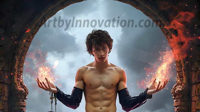 AI male art photos with a fantastical atmosphere. Imagine a Hogwarts School of Witchcraft student, from the Harry Potter series, a handsome, beautiful, and attractive, shirtless young teenage boy, standing firm against a threat. With a detailed Hogwarts castle background, casting a powerful spell, conjuring creatures based on their assigned house crest. From Demonic snakes, powerful lions, fierce badgers, or a murder of Crows. Dementors floating ominously in a cloudy sky, and sparks, shadows, and cinematic lighting, offering an otherworldly vibe.